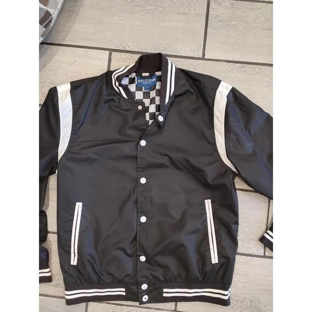 Arizona Jean Co Mens Varsity Bomber Jacket Black White Checkered Lining Medium